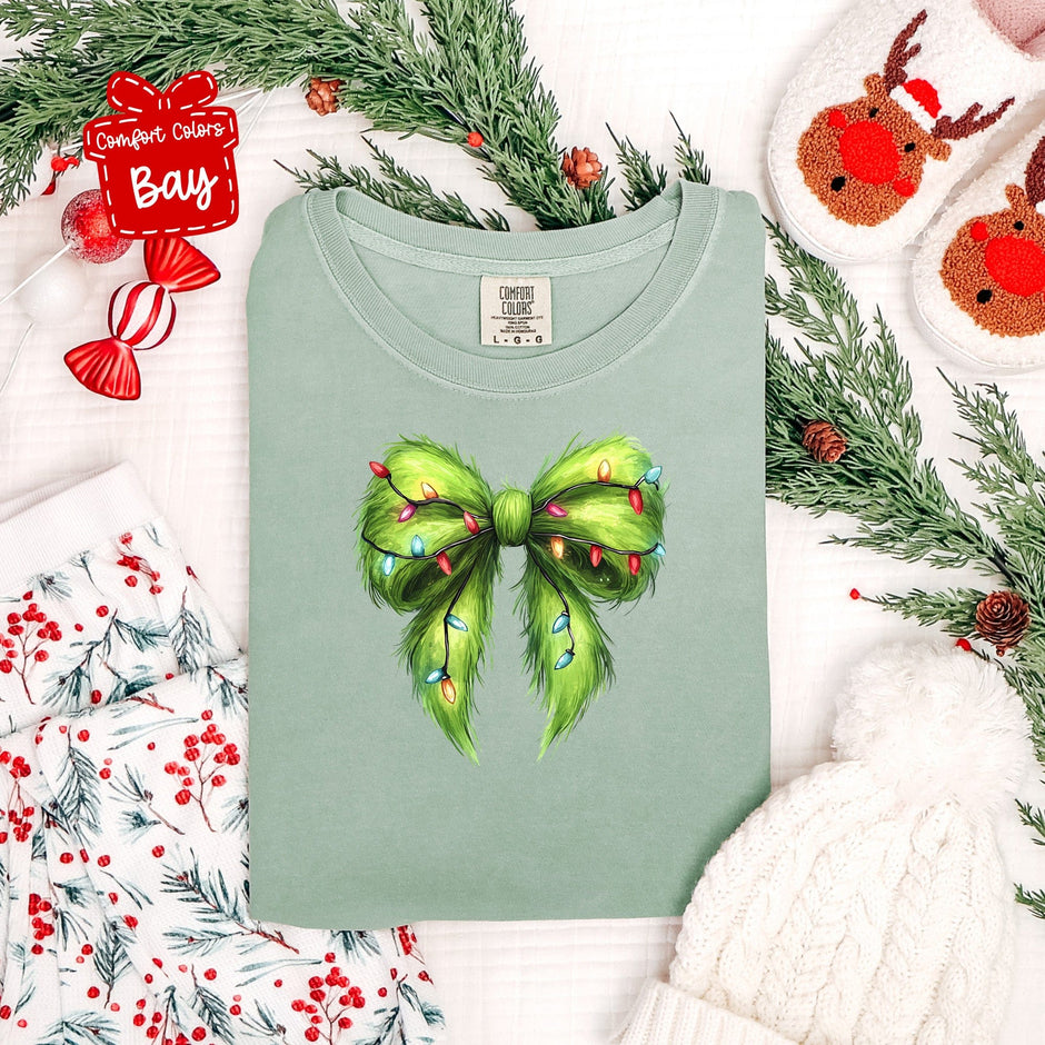 Green Fur Christmas Coquette Bow T-Shirt
